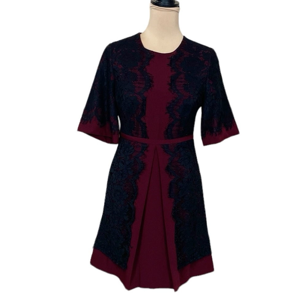 Gianni Bini Burgundy and Black Lace-Accent Fit & Flare Dress